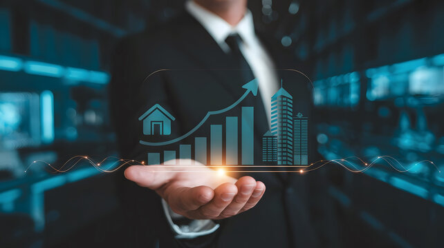 Businessman holding a digital graph with rising arrow and city skyline overlay in a modern office - Powered by Adobe