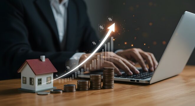 Businessman typing on laptop with a house, stacked coins, and an upward growth arrow, symbolizing real estate investment and financial success on a transparent background.
