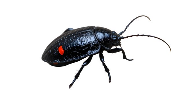 Close up macro photography of a black beetle with red spot insect on a black background detailed shot isolated on transparent background