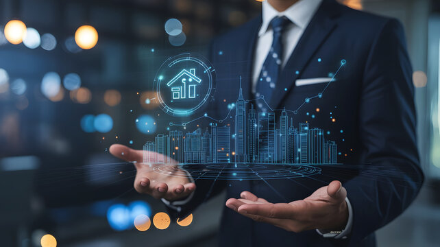 Businessman holding futuristic holographic cityscape with glowing digital network and smart city technology