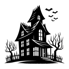 Minimalist Black Silhouette of a Haunted House Halloween Clipart Design