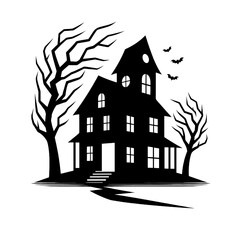 Minimalist Black Silhouette of a Haunted House Halloween Clipart Design