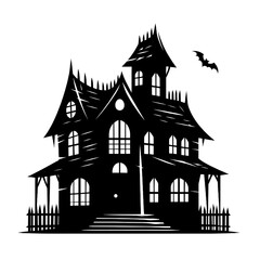 Minimalist Black Silhouette of a Haunted House Halloween Clipart Design