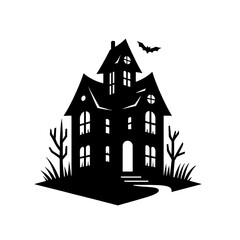 Minimalist Black Silhouette of a Haunted House Halloween Clipart Design