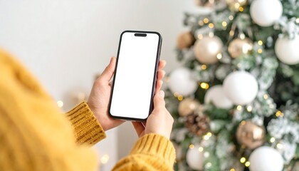 Person in yellow sweater holds smartphone with blank screen in front of decorated Christmas tree