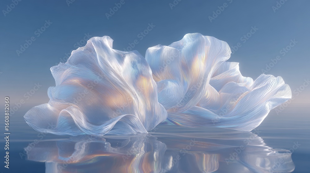Poster this image features delicate white floral forms with a translucent appearance floating on a reflecti