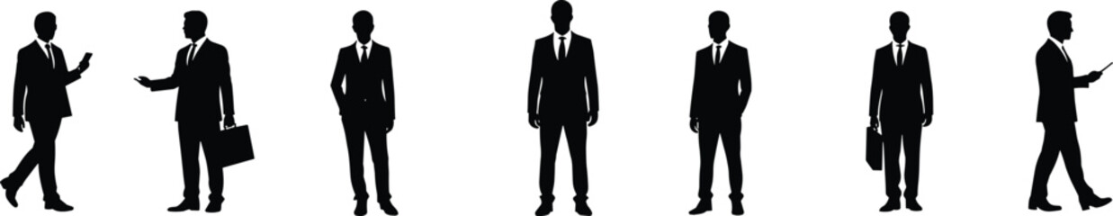 Businessman silhouettes, standing and walking, professional male figures, office attire, briefcase, communication, teamwork, white background