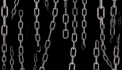 Numerous metallic chains hang against a black backdrop, some angled and others vertically aligned