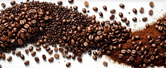 Naklejka premium Scattered coffee beans and ground powder on white background. Roasted coffee beans blending into rich powder. Coffee transition from beans to grounds.