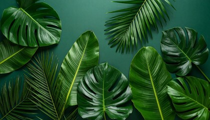 Tropical leaves arranged artistically on a dark green background.