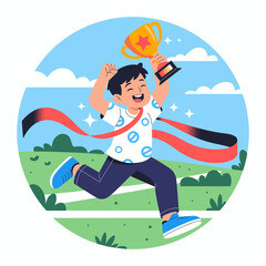 A jubilant boy celebrating with a trophy in hand moments after winning a race, capturing the essence of youthful enthusiasm and the thrill of Victory in a vibrant illustration.