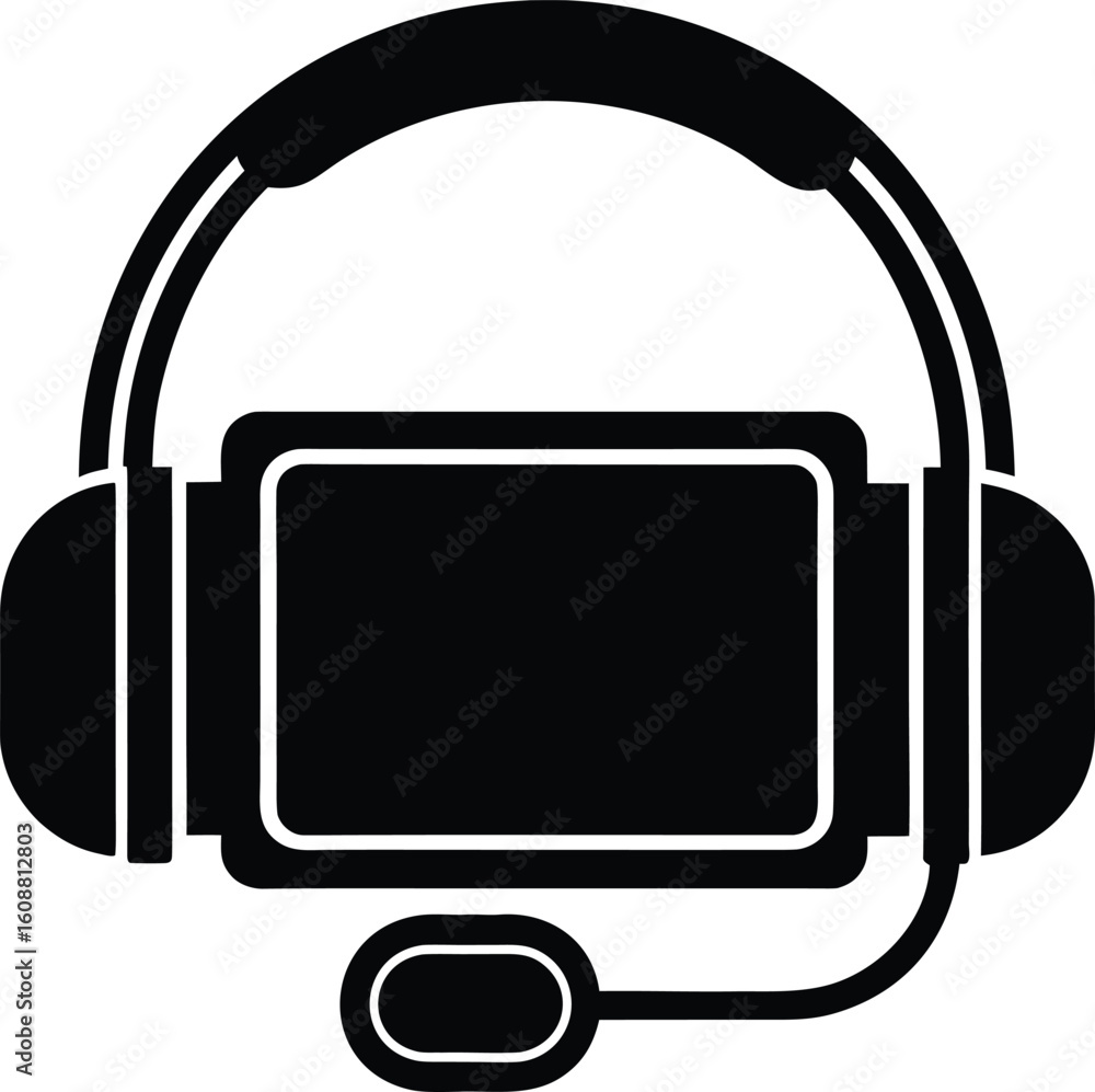 Poster silhouette of a person with a headset and 3d display isolated on transparent background