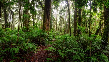 Fototapeta premium Lush green rainforest foliage and trees create a dense, shadowy forest path.
