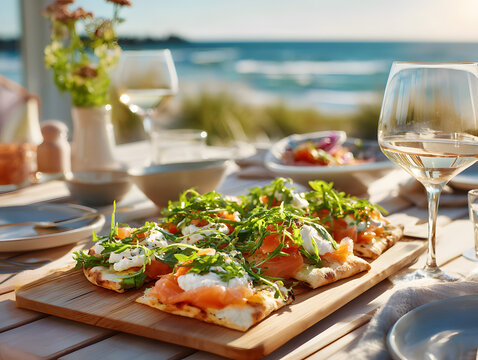 Smoked salmon pizza with , glass of white wine on a rustic wooden table with ocean view.