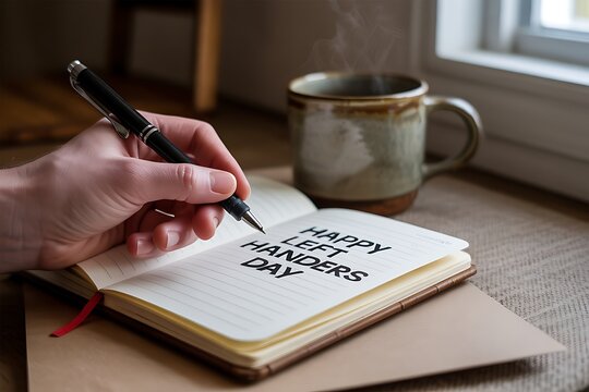 Left-handed person joyfully writes 'Happy Left Handers Day' in notebook with steaming coffee nearby - Powered by Adobe