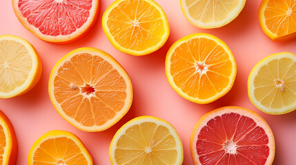 Obraz premium Vibrant assortment of fresh citrus fruit slices on a pink background