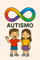 Inclusive illustration with the inscription AUTISMO, the international symbol of autism rainbow symbol of infinity and happy, friendly children , symbolizing acceptance and friendship .