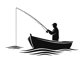 Silhouette of a man fishing in the sea on a boat
