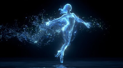 A glowing digital figure with sparkling effects is depicted dancing gracefully in an abstract and futuristic manner.
