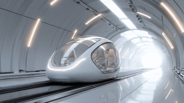 A futuristic monorail train moves smoothly in a high-tech tunnel, showcasing advanced transportation technology.
