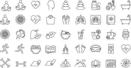 Health and wellness icon set, fitness, yoga, meditation, spa, nutrition, mental health, self-care, exercise, mindfulness, lifestyle, balance, calm