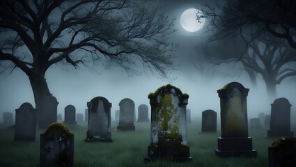 Mysterious Foggy Graveyard at Night with Tombstones and Full Moon Atmosphere Halloween  Background