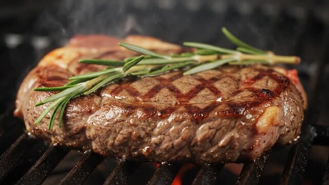 Sizzling Steak Perfection: Close-Up of Juicy Sirloin Grilling with Rosemary Garnish