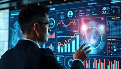 Asian Business Man Interacting with Advanced Financial Data Visualization