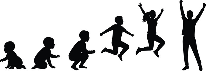 Human growth stages, child to adult, silhouette jumping, life progression, development concept, evolution, movement, kids