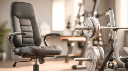 Obraz premium A gym with modern equipment, including an office chair and a barbell set for home fitness in the background.