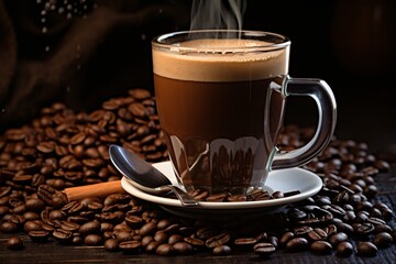 Steaming Hot Cup of Coffee with Coffee Beans and Spoon on a Wooden Table
