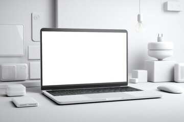 Fototapeta premium Modern Workspace with Minimalist Laptop and White Decor Elements