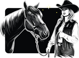 3d cowgirl  wearing cow hat with mustang 