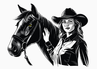 3d cowgirl woman wearing cow hat with mustang  