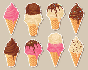 Diverse ice cream cone vector illustrations