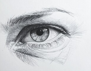 Fototapeta premium A pencil sketch of an eye, highly detailed wrinkles and expression, realistic shading and textures, black and white, hand-drawn on white paper