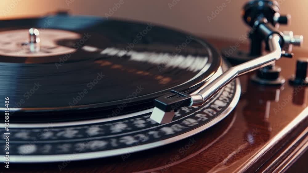 Poster elegant vintage record player in action, ideal for retro themed projects boosting nostalgic feels.