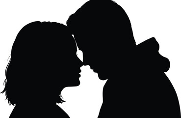 Romantic couple silhouette touching foreheads in love, emotional connection, intimacy, passion, black and white vector
