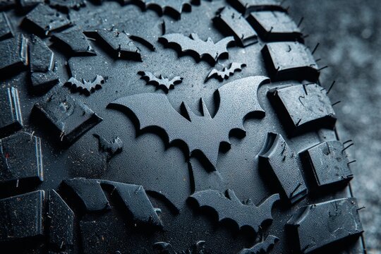 Close up of tire tread with Halloween bat pattern