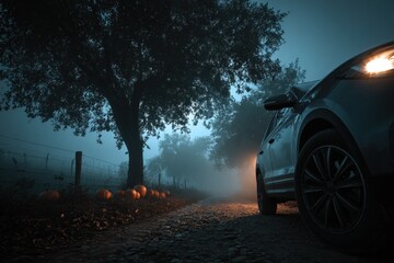 Car with headlights on foggy Halloween forest road with pumpkins