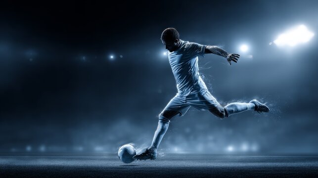 A soccer player is captured in mid - kick on a stadium field, showcasing athletic movement and sports energy.