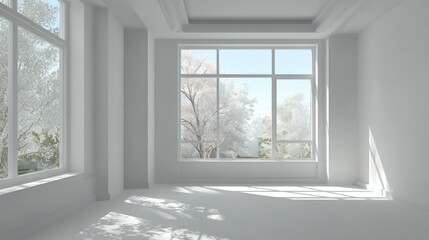 Bright, airy, all-white room with large windows overlooking snow-covered trees and a clear sky