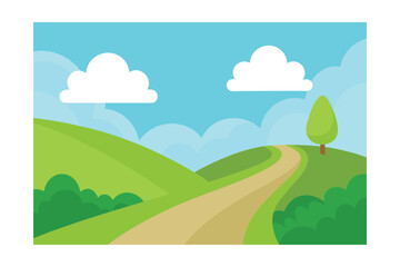Obraz premium Rolling Green Hills Dirt Path Puffy Clouds Cheerful