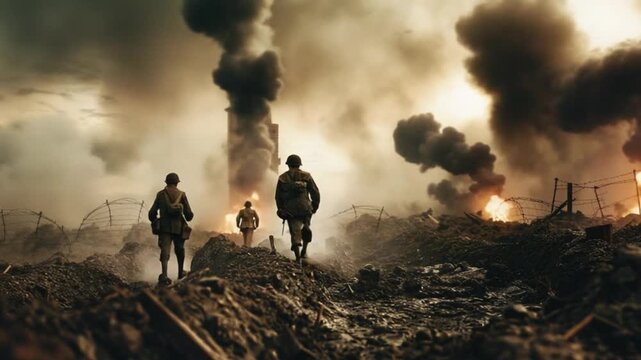 World War II battlefield muddy trenches soldiers 4K Videos 
