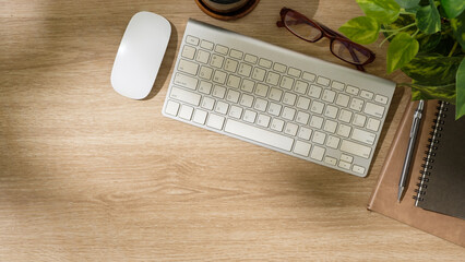 Top view of modern workspace with wireless keyboard, mouse, notebook, pen, and plant on wooden desk.