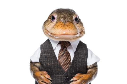 Dapper lizard wearing a vest and tie on transparent background