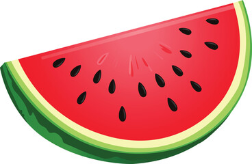 Simple watermelon slice with gradient, black seeds, pulp, and striped green rind. Vector illustration