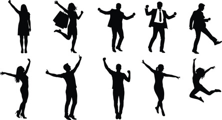 Silhouettes of joyful people jumping, dancing, celebrating success, happy expressions, freedom movement, vector illustration set