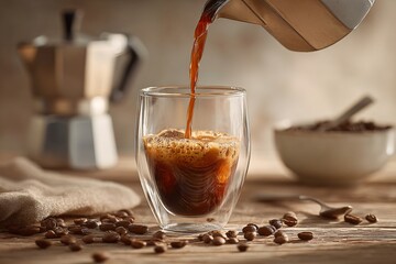 Pouring Freshly Brewed Coffee into a Glass Cup with Coffee Beans on Table