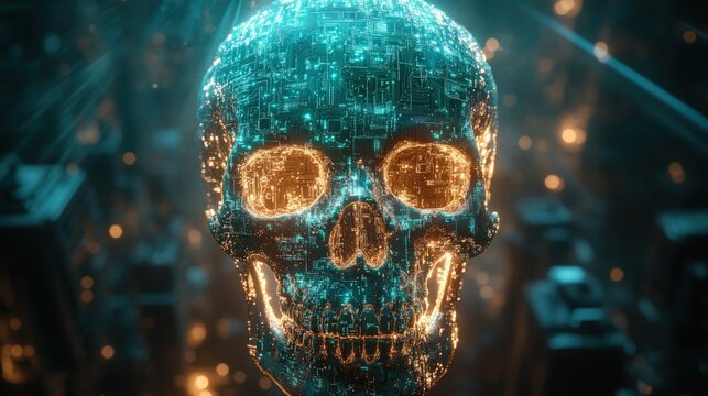 Digital skull, glowing tech, city view